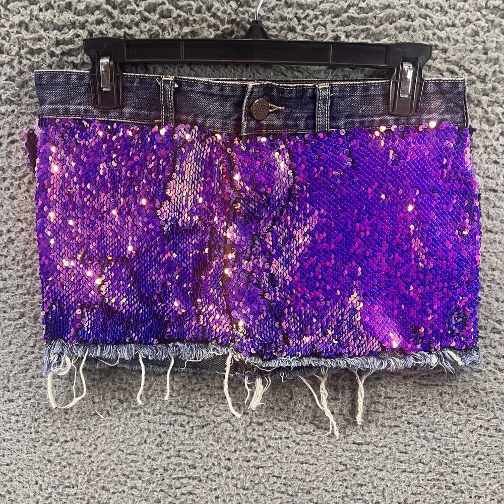 VTG Abercrombie‎ & Fitch Sequin Denim Mini Skirt Sz 0 Purple Festival RARE Y2K